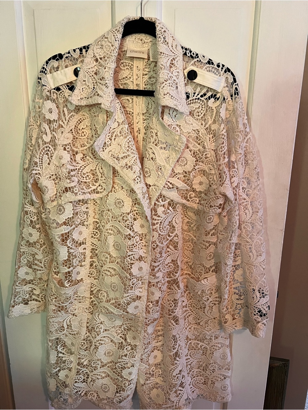 Chico's Cream Lace Longline Trench Coat Sz 2 Chicos sizing